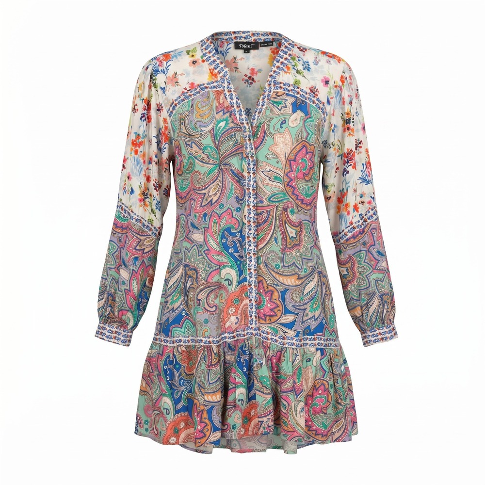 Tolani Paisley Floral Mini Dress XS Multi Color Boho Ruffle Cupro V-Neck Gypsy